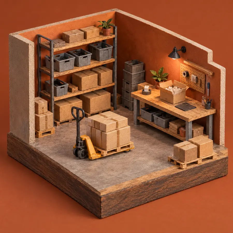 Illustration of warehouse businesses equipment and workspace